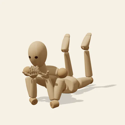Prone Chin Rest pose reference, side view of a wooden drawing mannequin