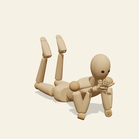 Prone Chin Rest pose reference, three-quarter view of a wooden drawing mannequin
