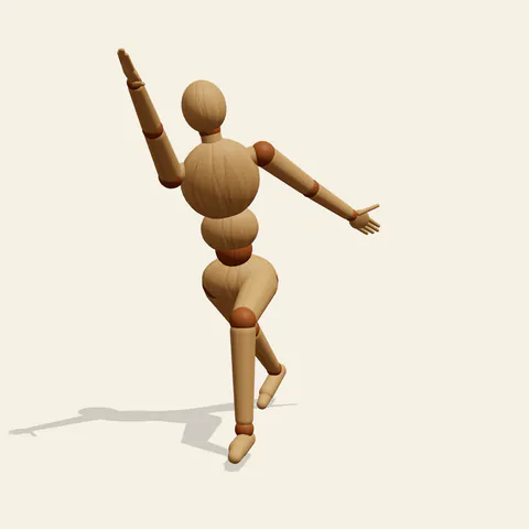 Reaching Lunge pose reference, front view of a wooden drawing mannequin