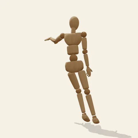 Reaching Forward pose reference, back view of a wooden drawing mannequin