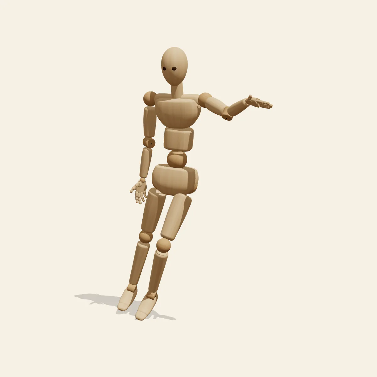 Reaching Forward pose reference, front view of a wooden drawing mannequin