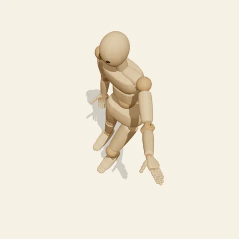 Reaching Forward pose reference, high-angle view of a wooden drawing mannequin