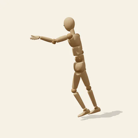 Reaching Forward pose reference, side view of a wooden drawing mannequin