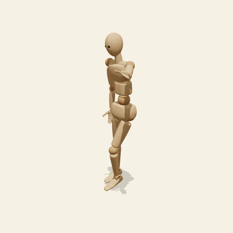 Reaching Forward pose reference, three-quarter view of a wooden drawing mannequin