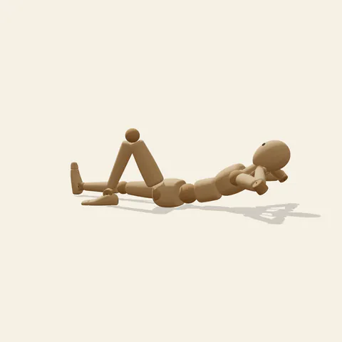 Hands-Behind Recline pose reference, back view of a wooden drawing mannequin