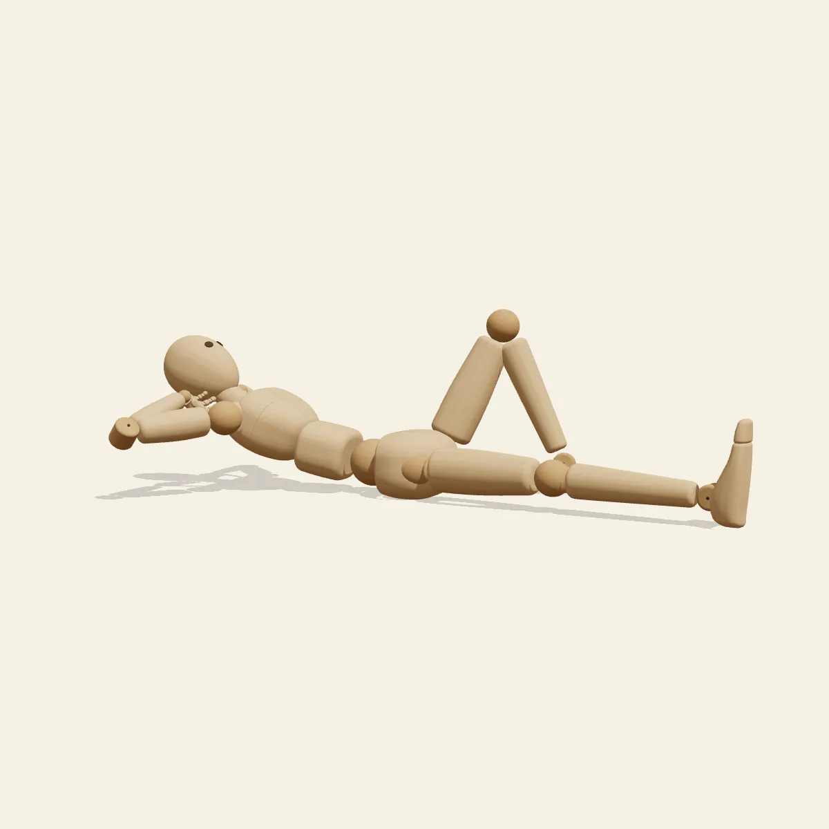 Hands-Behind Recline pose reference, front view of a wooden drawing mannequin
