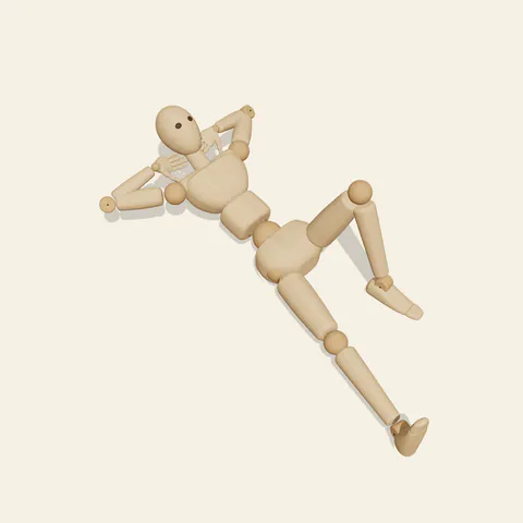 Hands-Behind Recline pose reference, high-angle view of a wooden drawing mannequin