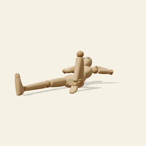 Hands-Behind Recline pose reference, side view of a wooden drawing mannequin