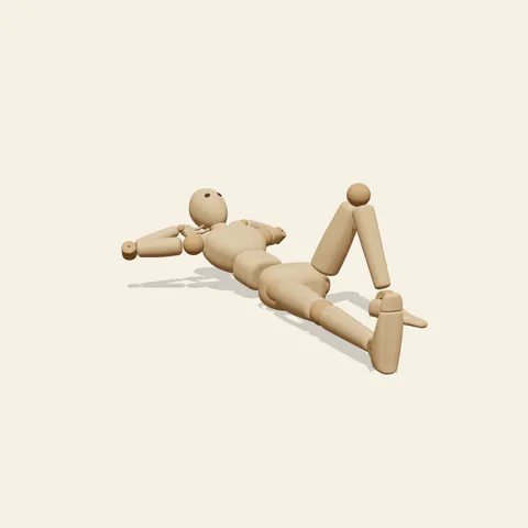 Hands-Behind Recline pose reference, three-quarter view of a wooden drawing mannequin