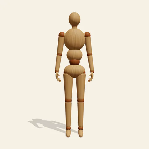 Relaxed Standing pose reference, front view of a wooden drawing mannequin