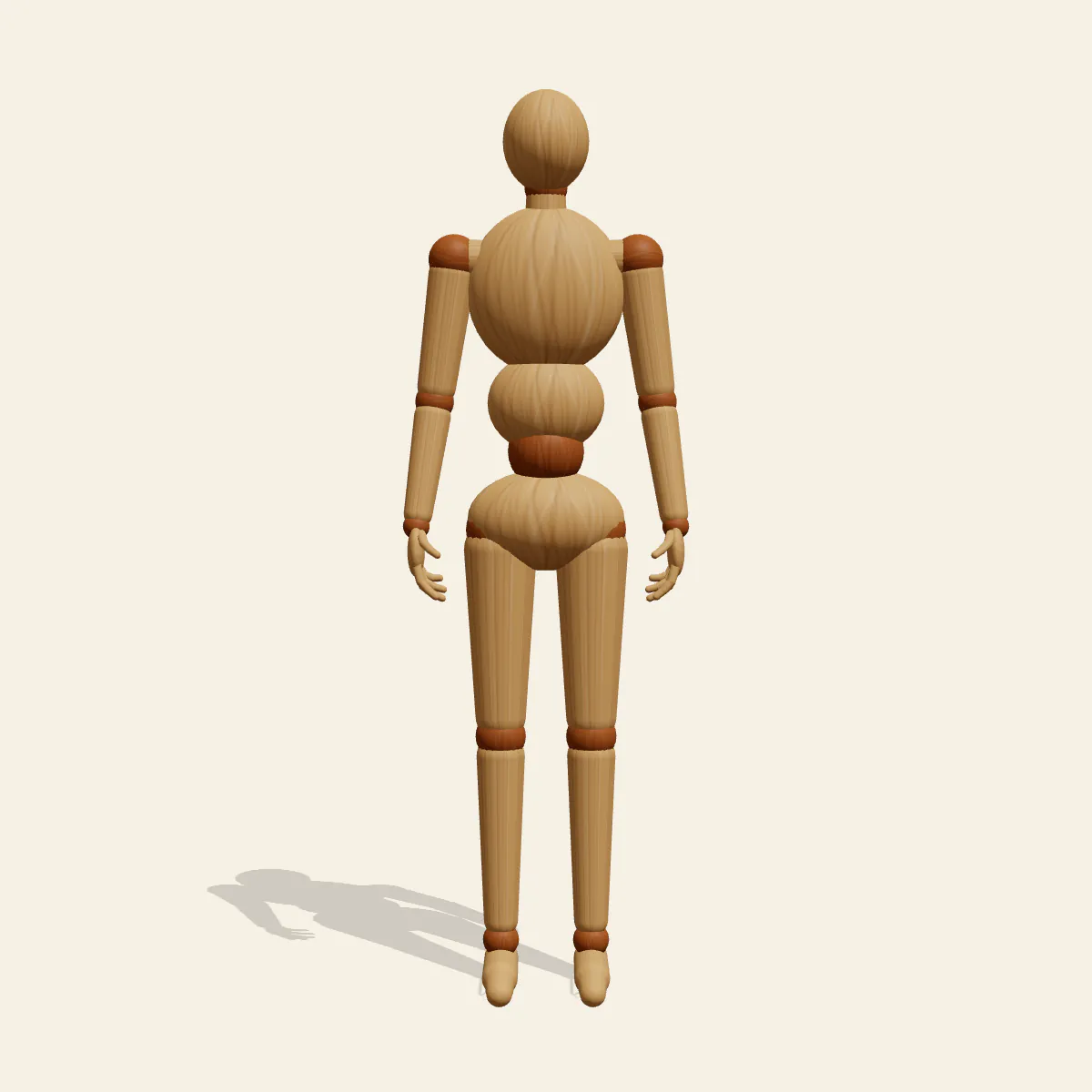Relaxed Standing pose reference, front view of a wooden drawing mannequin