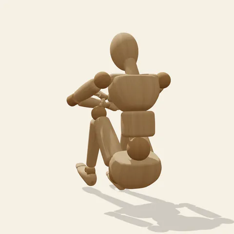 Arms over Knees pose reference, back view of a wooden drawing mannequin