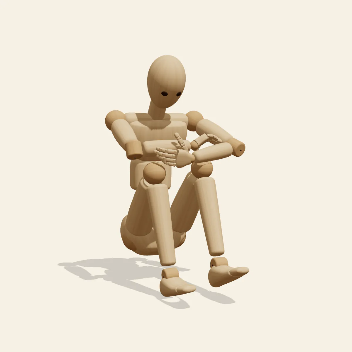 Arms over Knees pose reference, front view of a wooden drawing mannequin