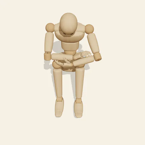 Arms over Knees pose reference, high-angle view of a wooden drawing mannequin