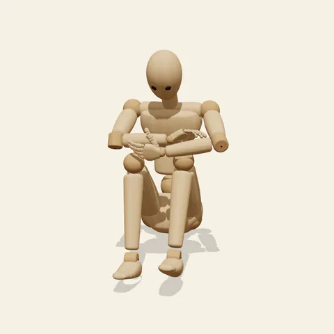 Arms over Knees pose reference, three-quarter view of a wooden drawing mannequin