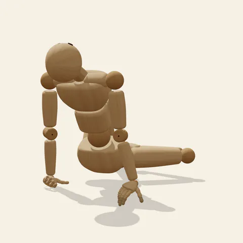 Seated Back Arch pose reference, back view of a wooden drawing mannequin