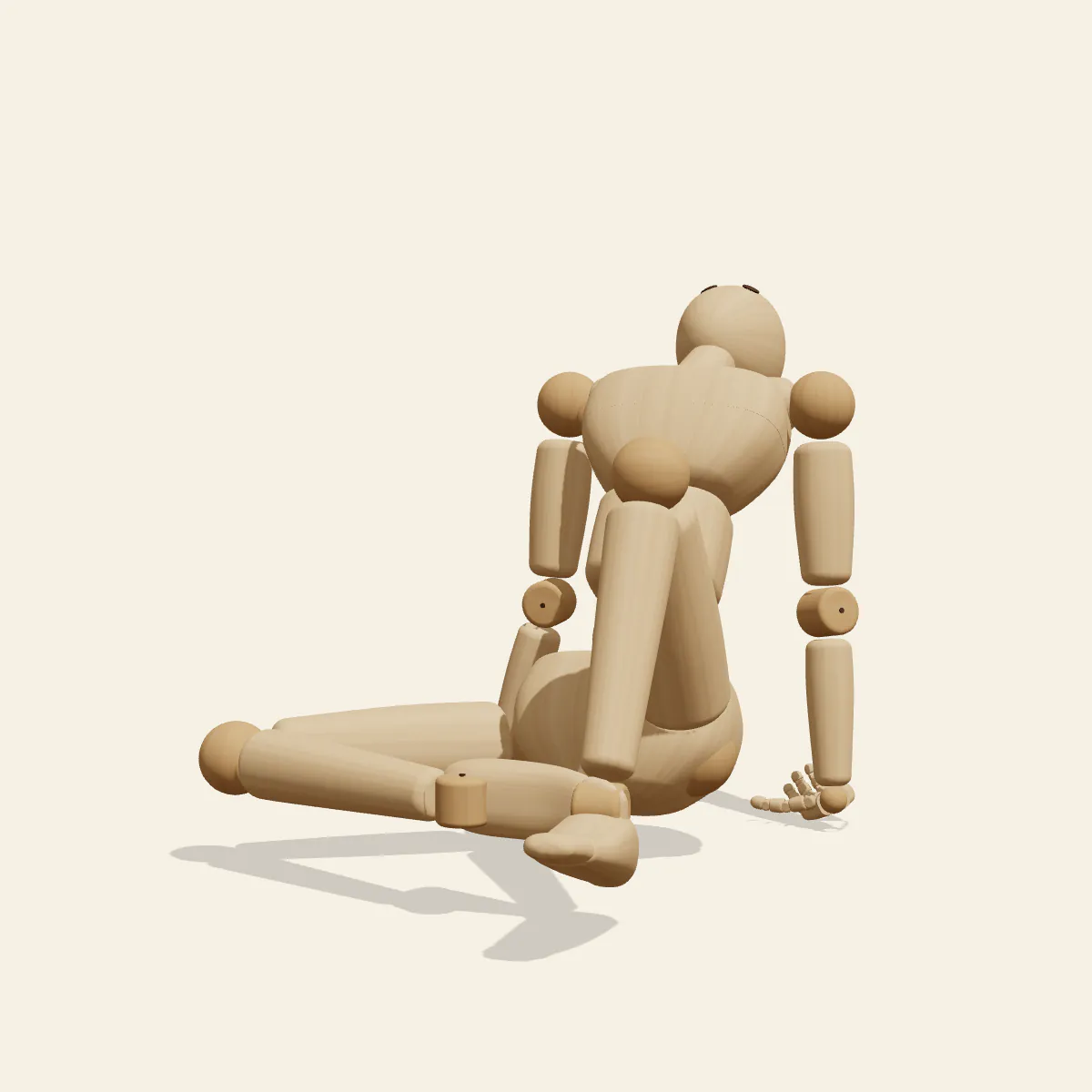 Seated Back Arch pose reference, front view of a wooden drawing mannequin