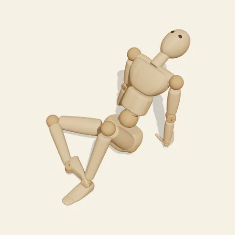 Seated Back Arch pose reference, high-angle view of a wooden drawing mannequin