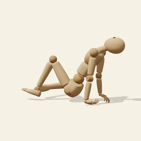 Seated Back Arch pose reference, side view of a wooden drawing mannequin