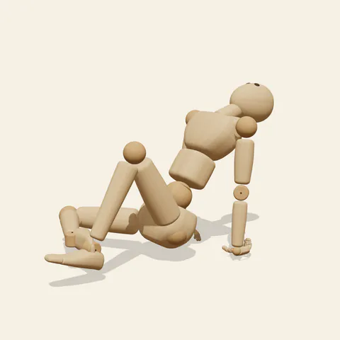 Seated Back Arch pose reference, three-quarter view of a wooden drawing mannequin