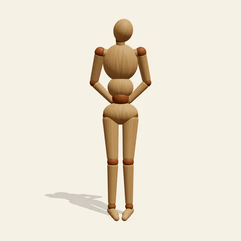 Shy Hands Behind Back pose reference, front view of a wooden drawing mannequin
