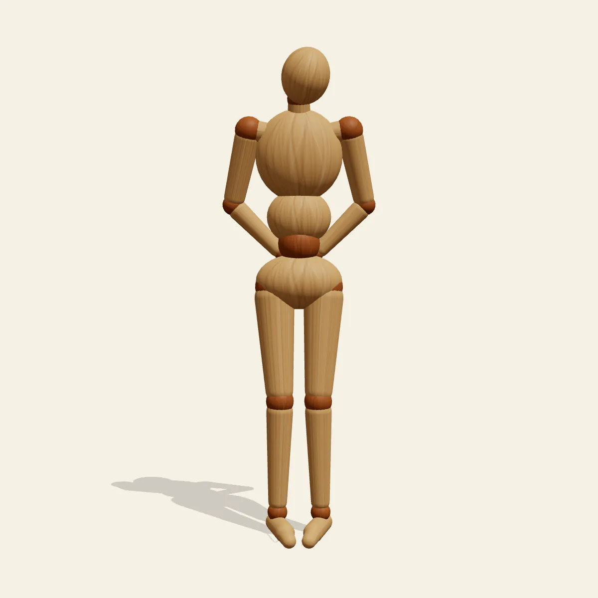 Shy Hands Behind Back pose reference, front view of a wooden drawing mannequin