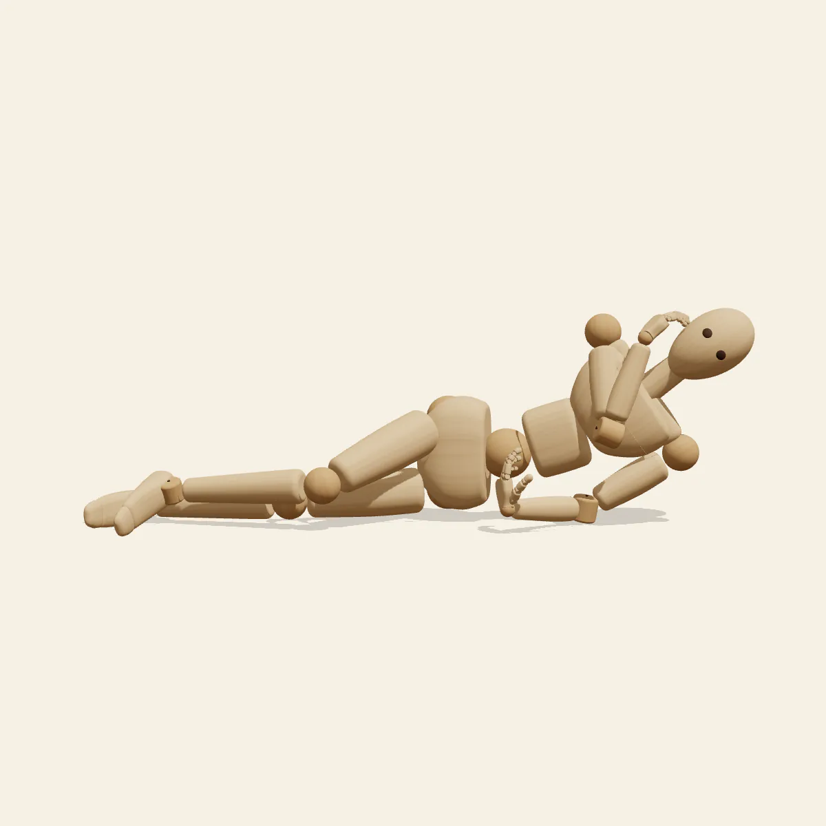 Side Reclining Rest pose reference, front view of a wooden drawing mannequin
