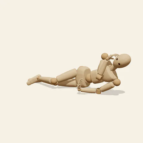 Side Reclining Rest pose reference, three-quarter view of a wooden drawing mannequin