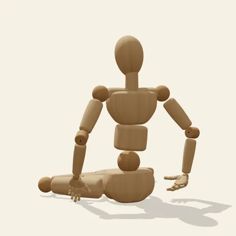 Side Sitting pose reference, back view of a wooden drawing mannequin
