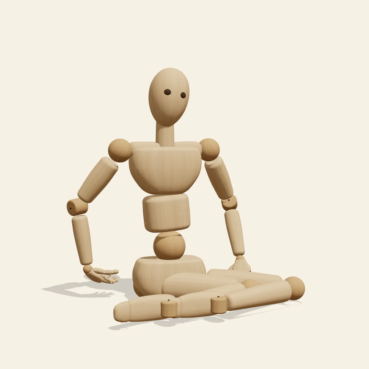 Side Sitting pose reference, front view of a wooden drawing mannequin