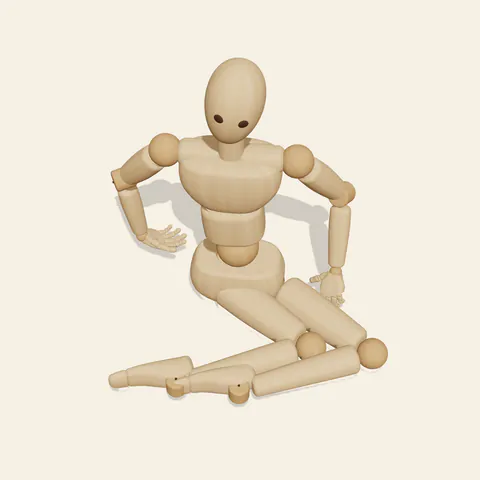 Side Sitting pose reference, high-angle view of a wooden drawing mannequin