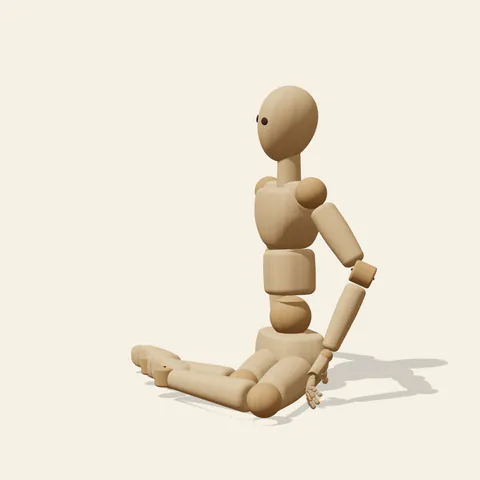 Side Sitting pose reference, side view of a wooden drawing mannequin