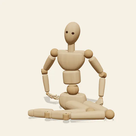 Side Sitting pose reference, three-quarter view of a wooden drawing mannequin