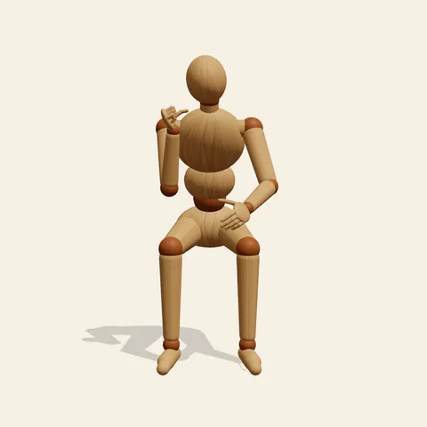 Sitting with Chin in Hand pose reference, front view of a wooden drawing mannequin