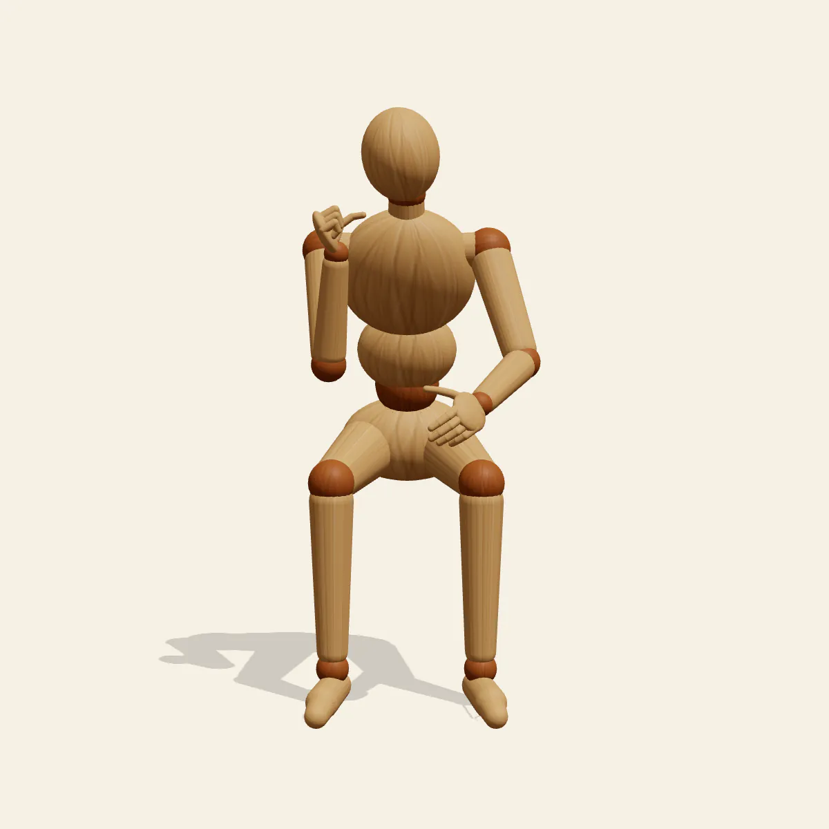 Sitting with Chin in Hand pose reference, front view of a wooden drawing mannequin