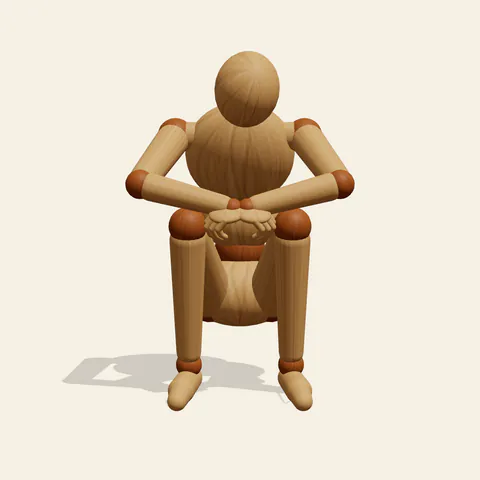 Sitting Hugging Knees pose reference, front view of a wooden drawing mannequin