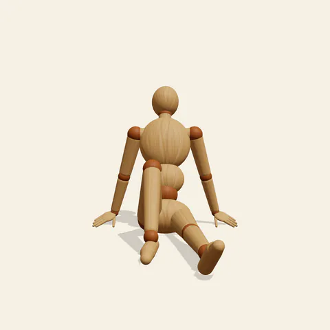 Sitting Leaning Back on Hands pose reference, front view of a wooden drawing mannequin