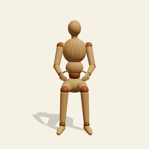 Sitting on a Chair pose reference, front view of a wooden drawing mannequin