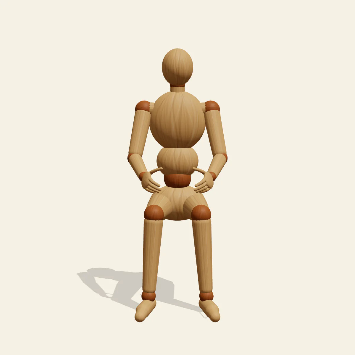 Sitting on a Chair pose reference, front view of a wooden drawing mannequin