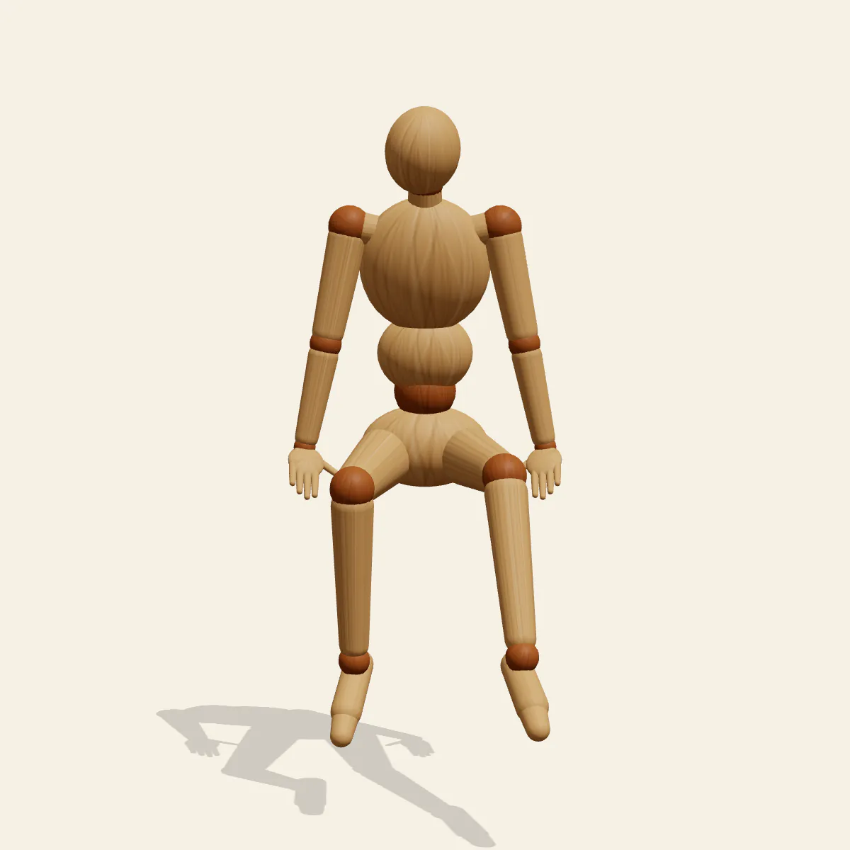 Sitting on a Ledge pose reference, front view of a wooden drawing mannequin