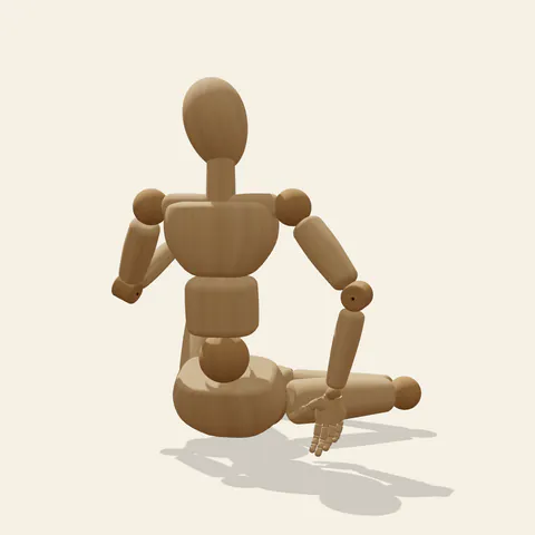 Sitting, One Knee Up pose reference, back view of a wooden drawing mannequin