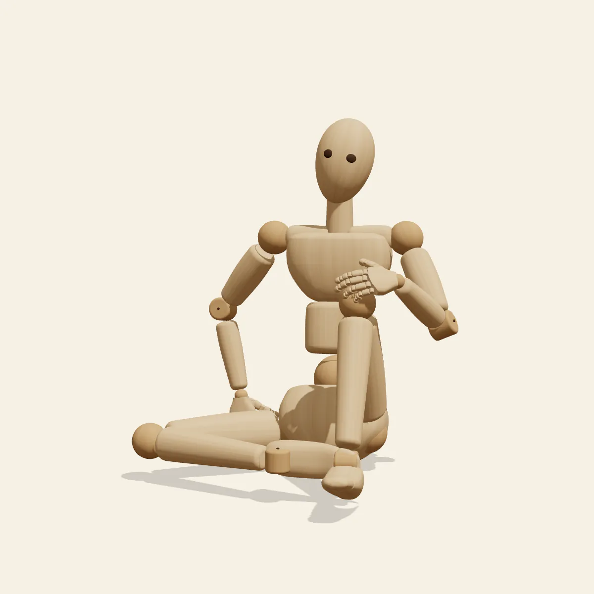 Sitting, One Knee Up pose reference, front view of a wooden drawing mannequin