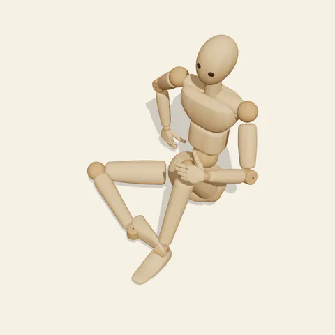 Sitting, One Knee Up pose reference, high-angle view of a wooden drawing mannequin