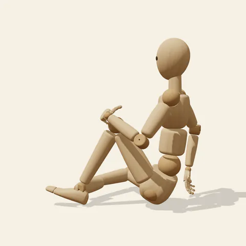 Sitting, One Knee Up pose reference, side view of a wooden drawing mannequin