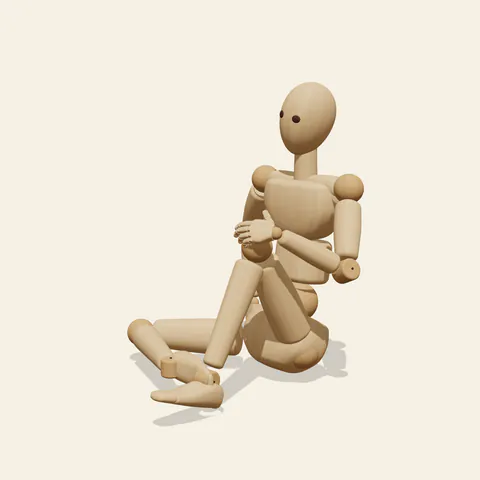 Sitting, One Knee Up pose reference, three-quarter view of a wooden drawing mannequin