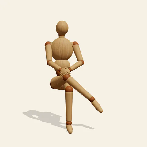 Sitting with Legs Crossed pose reference, front view of a wooden drawing mannequin