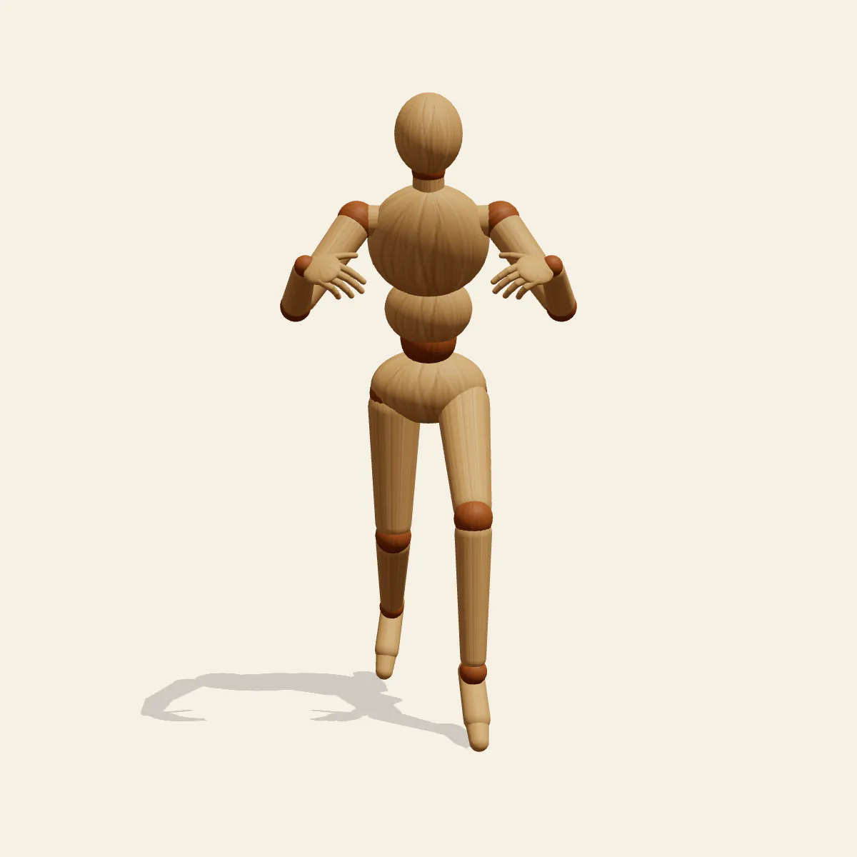 Sneaking on Tiptoe pose reference, front view of a wooden drawing mannequin