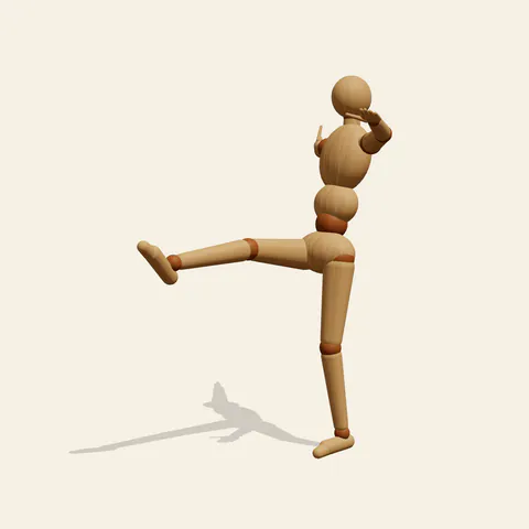 Soccer Kick pose reference, front view of a wooden drawing mannequin