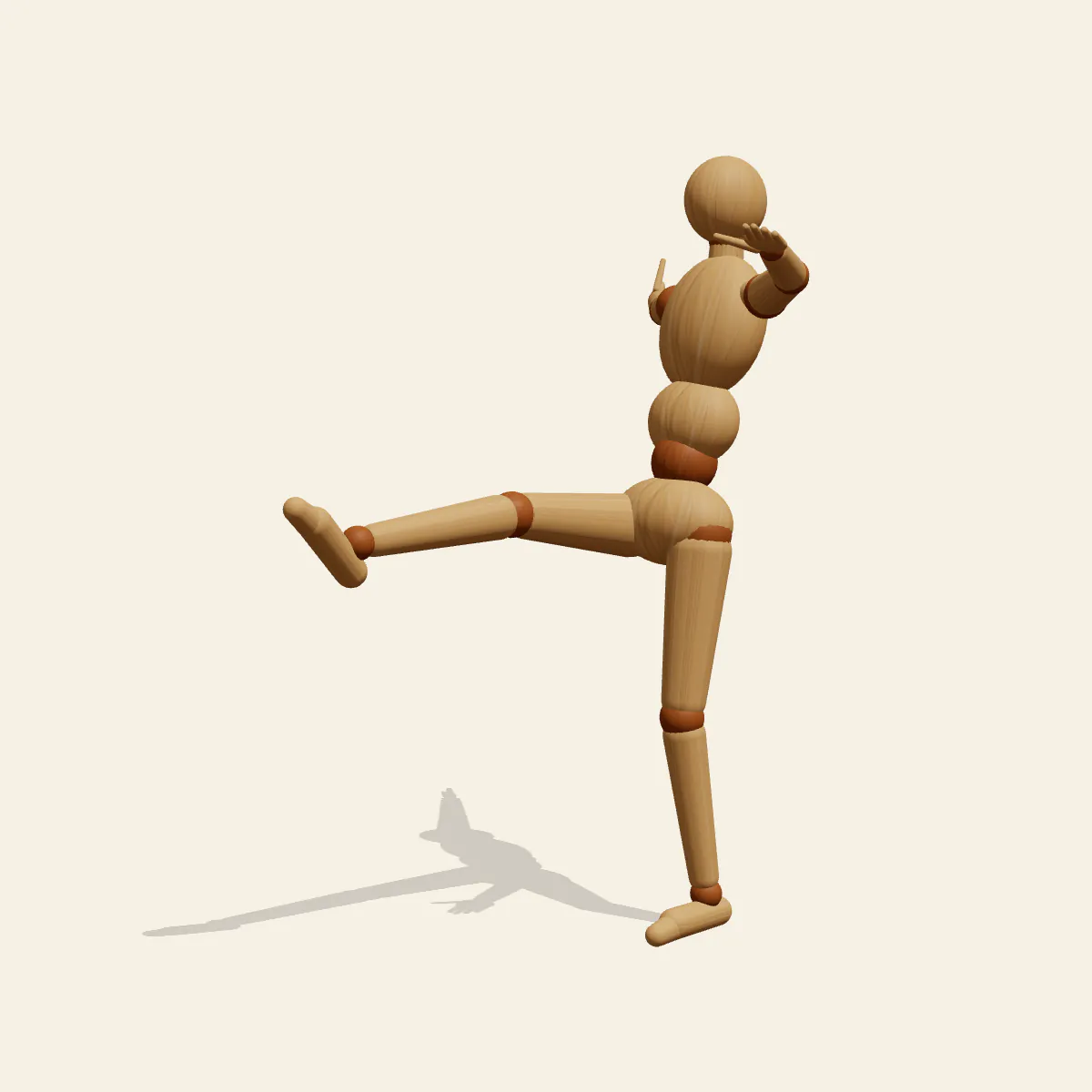 Soccer Kick pose reference, front view of a wooden drawing mannequin
