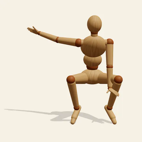 Spider-Man Style Crouch pose reference, front view of a wooden drawing mannequin